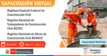 Capacitación virtual gratuita sobre el Régimen Especial Laboral de Construcción Civil, RETCC, RENOCC