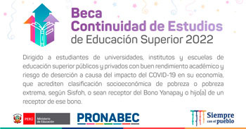 PRONABEC lanza Beca Continuidad de Estudios de Educación Superior 2022 - 12 mil becas