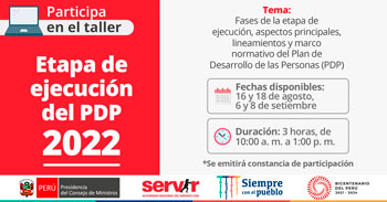 (Taller Virtual Gratuito) SERVIR: Fases de la etapa de ejecución, aspectos principales y marco normativo del Plan de PDP