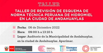 (Taller Presencial) INACAL: Revisión de esquema del Norma Técnica Peruana de hidromiel en la ciudad de Andahuaylas