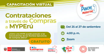  Capacitación online gratis "Contrataciones a través de Compras a MYPErú" de PRODUCE