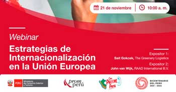 Webinar online gratis"Estrategias de internacionalización en la unión europea" de PromPerú
