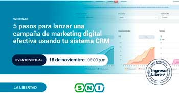 Webinar online gratis "5 pasos para lanzar una campaña de marketing digital efectiva usando tu sistema CRM"