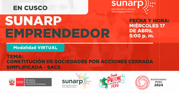 Charla online gratis "Constitución de Sociedades por Acciones Cerrada Simplificada SACS" de la SUNARP