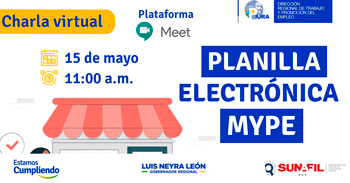  Charla online gratis "Planilla Electrónica - MYPE" de la DRTPE Piura