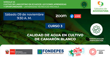 Curso online gratis  "Calidad de Agua en Cultivo de Camarón Blanco"  del FONDEPES