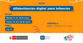 Taller presencial gratis "Alfabetización digital para infancias" de la Biblioteca Nacional del Perú - BNP