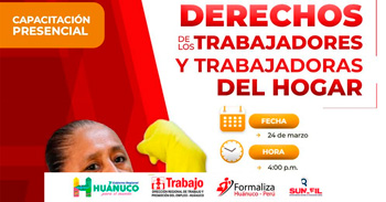 Capacitación presencial gratis "Derechos de los Trabajadores y Trabajadoras del Hogar" de la DRTPE Huánuco