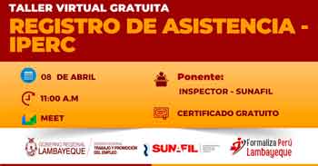 Taller online gratis "Registro de asistencia - IPERC" de la GRTPE Lambayeque