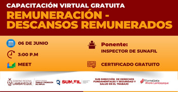  Capacitación online gratis "Remuneración: Descansos remunerados" de GRTPE Lambayeque