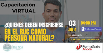  Capacitación online gratis "¿Quiénes debe inscribirse en el RUC como persona natural?" de la DRTPE Loreto