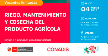 Curso presencial gratuito "Riego, mantenimiento y cosecha del producto agrícola" del MIMP Conadis