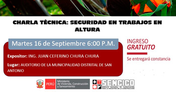  Charla presencial gratis "Seguridad en trabajos en altura" de SENCICO Moquegua 