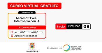  Curso online gratis "Microsoft Excel intermedio con IA" de la Municipalidad de Miraflores Arequipa