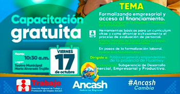  Capacitación presencial gratis " Formaliza tu Negocio y Mejora tu Empleabilidad" de la DIRETRA ANCASH