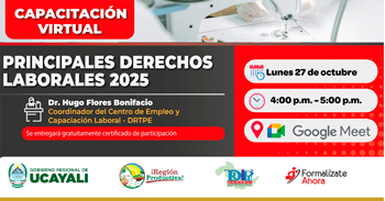  Capacitación online gratis  "Principales derechos laborales 2025"  de la DRTPE Ucayali