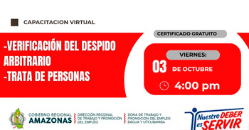  Capacitación online gratis "Verificación del Despido Arbitrario - Trata de Personas" de DRTPE Amazonas