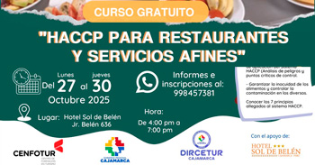  Curso presencial gratuito "Haccp para restaurantes y servicios a fines" de la Dircetur Cajamarca