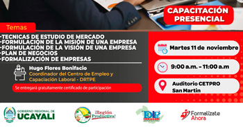  Capacitación presencial gratis  "Jornada de capacitación"  de la DRTPE Ucayali