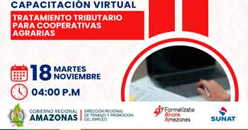  Capacitación online gratis "Tratamiento tributario para cooperativas agrarias" de DRTPE Amazonas