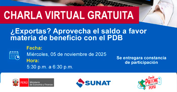 Charla online gratis "¿Exportas? Aprovecha tu saldo a favor con el PDB" de la SUNAT