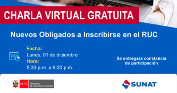  Charla online gratis "Nuevos Obligados a Inscribirse en el RUC" de la SUNAT
