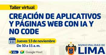 Taller online "Creación de aplicativos y páginas web con IA y no code" de la Municipalidad de lima
