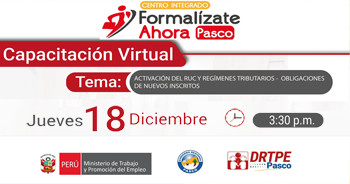  Capacitación online gratis "Activación del RUC y regímenes tributarios - Obligaciones de nuevos inscritos" 