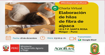  Charla online gratis "Elaboración de hilos de fibra de alpaca. IESTP Santa Rosa Melgar - Puno" de Agro Rural