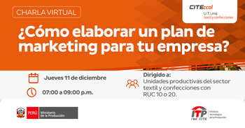 Charla virtual gratis"Como elaborar un plan de marketing para tu empresa" de CITEccal Lima
