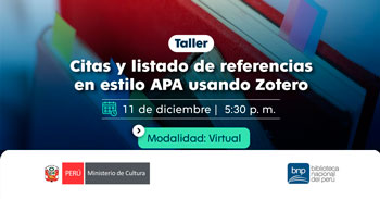  Taller virtual gratis "Citas y listado de referencias en estilo APA usando Zotero" de la BNP