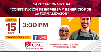  Capacitación online gratis "Constitución de empresa y beneficios de la formalización" de la GRTPE Cusco 
