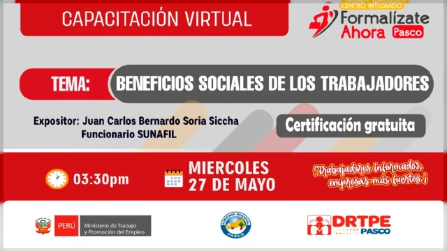 Capacitación Virtual - Gratis - "Beneficios sociales de los trabajadores" Dirección Regional de Trabajo  Pasco