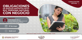Capacitación virtual gratis - “Obligaciones de Nuevos Inscritos en el RUC Persona Natural con Negocio” DRTPE San Martín