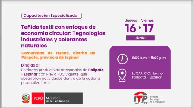  Capacitación presencial Teñido textil con enfoque de economía circular: Tecnologías industriales y colorantes naturales
