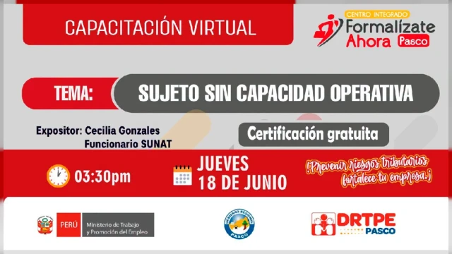  Capacitación virtual Gratis - "Sujeto Sin Capacidad Operativa" DRTC Pasco
